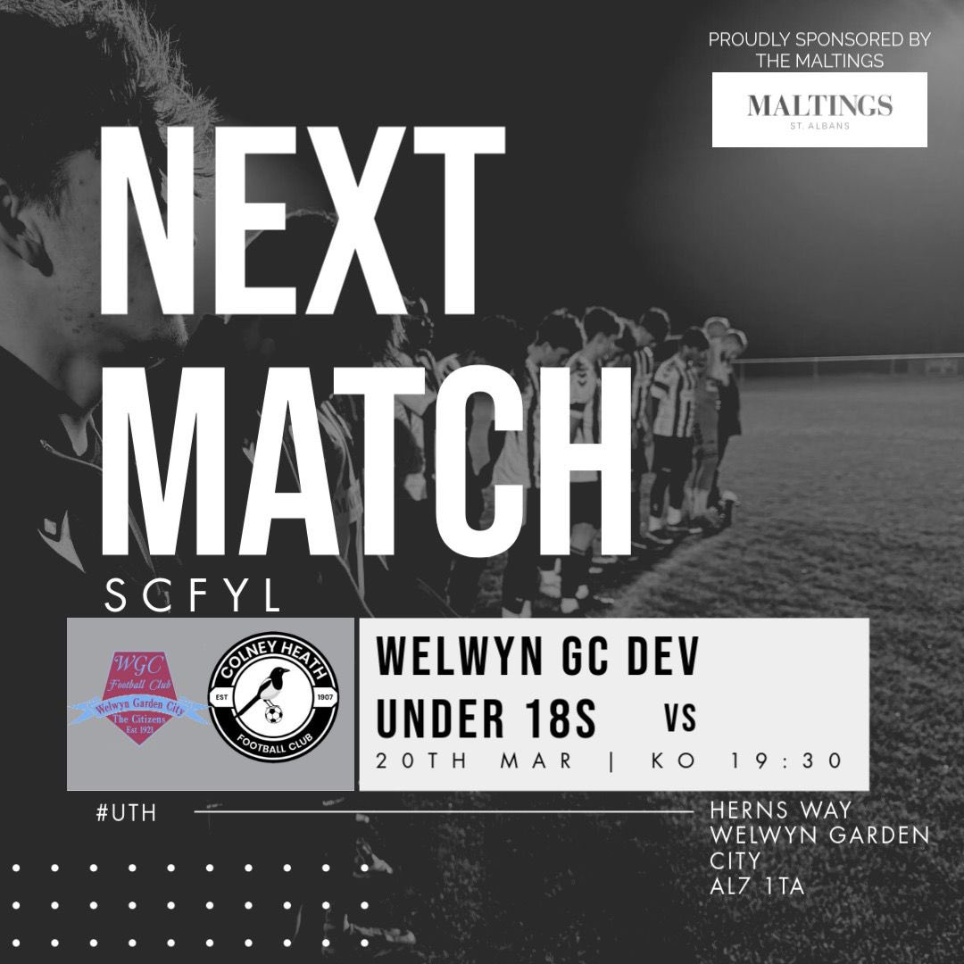 🚨 NEXT MATCH ALERT! 🚨

Colney Heath U18s are back on the road in the SCFYL! ⚽🔥

🆚 Welwyn GC Dev U18s
📅 Thursday 20th March
⏰ Kick-off: 19:30
📍 Herns Way, Welwyn Garden City (AL7 1TA)

Another big game ahead let’s get behind the boys and push for the win! 
UTH🖤🤍