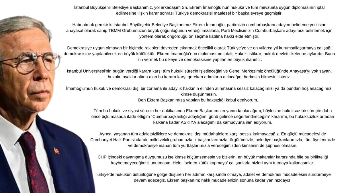 🔴 Mansur Yavaş'tan Tarihe Geçen Açıklama!

"CHP içindeki dayanışma duygumuzu ise kimse küçümsemesin ve bizlerin, en büyük makamlar karşısında bile bu birlikteliği kaybetmeyeceğimizi unutmasın. Hele, ‘selden kütük kapmaya’ çalışanlarla bizleri aynı tutmaya kalkmasınlar." #diploma