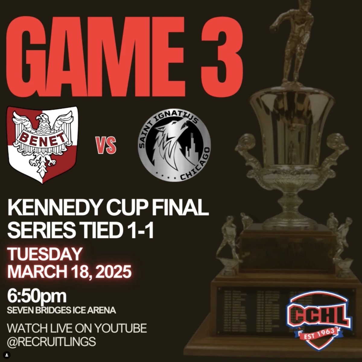 Come support our Benet Varsity Hockey Team for their final game of the season in the Kennedy Cup Final! 🏒

⏰ TONIGHT! Tuesday, March 18th @ 6:50PM
📍 Seven Bridges Ice Arena
🎟 TICKETS: zeffy.com/en-US/ticketin…
📽 LIVESTREAM: youtube.com/watch?v=3sOEe0…

THEME: USA🇺🇸
#redwingnation