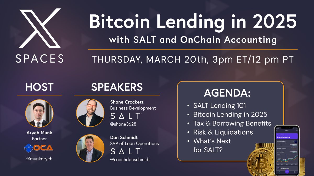 🚀 I’m excited to be hosting Bitcoin Lending in 2025 with @SALTlending and <a href="/OnChainAccountg/">OnChain Accounting</a> 
This X Spaces event is one you won’t want to miss—join me and top experts to explore the future of crypto lending! 
🎙️ Speakers: <a href="/shane3628/">Shane</a> (SALT Business Development) &amp; <a href="/coachdanschmidt/">Dan Schmidt</a>