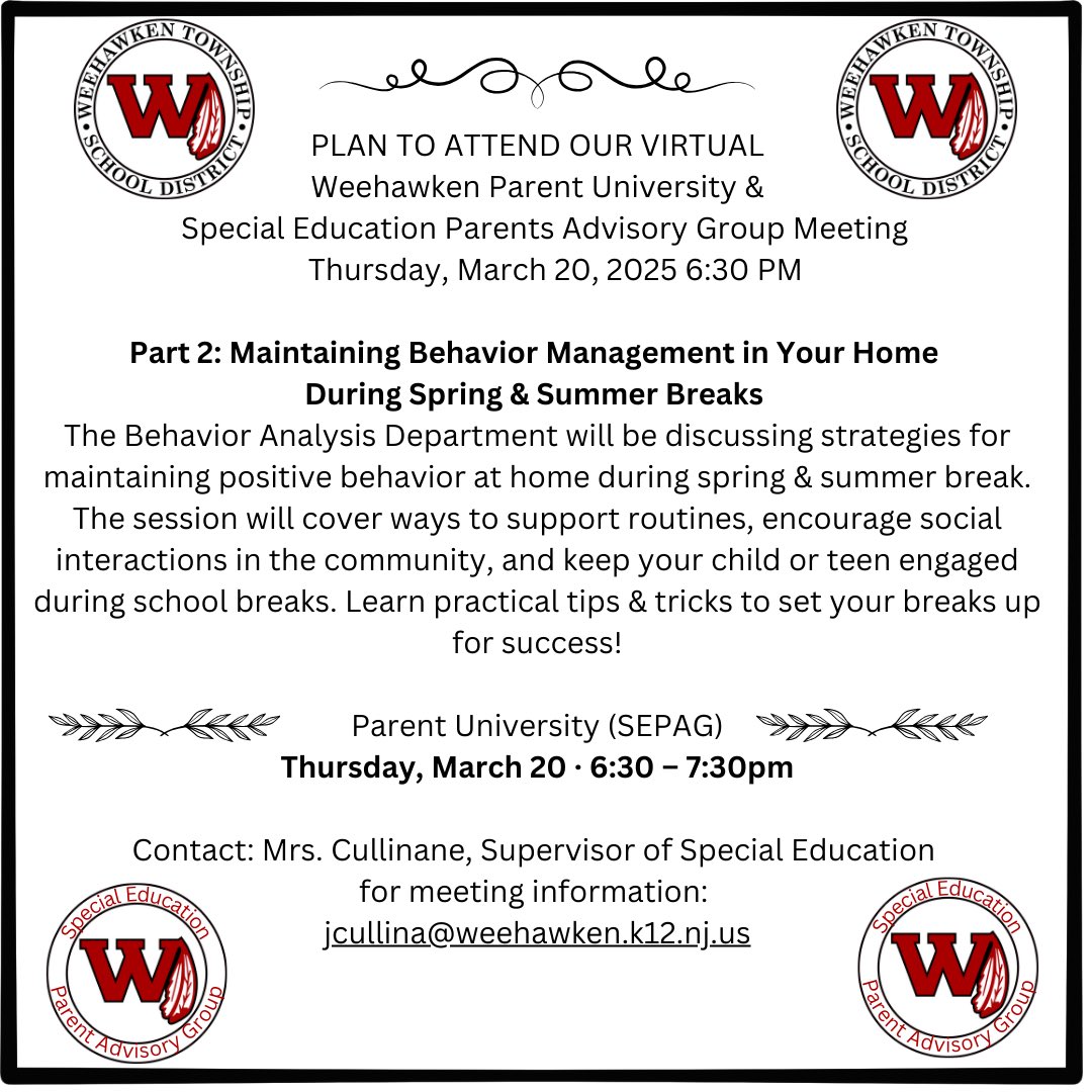 Weehawken Schools (@weehawkentsd) on Twitter photo WTSD Parent University & SEPAG Mtg - 3/20 @ 6:30PM
<a href="/EricCrespoEDU/">Eric Crespo</a> <a href="/FAmato53/">Francesca Amato</a> <a href="/al_orecchio/">Al Orecchio</a> <a href="/RobFerullo4/">Robert Ferullo</a> <a href="/StefanieCirill1/">Stefanie Cirillo</a> <a href="/SuzanneMera/">Mrs. Mera</a> <a href="/DeStefanoEDU/">Dr. Nicholas DeStefano</a> <a href="/MrsCullinane/">Jacqueline Cullinane</a> <a href="/bcalligy/">Brian Calligy</a> <a href="/BriannaReganEDU/">Brianna Regan</a> <a href="/JColasurdoEDU/">Jillian Colasurdo</a> <a href="/gioahmad/">Gio Ahmad</a> WTSD Parent University & SEPAG Mtg - 3/20 @ 6:30PM
<a href="/EricCrespoEDU/">Eric Crespo</a> <a href="/FAmato53/">Francesca Amato</a> <a href="/al_orecchio/">Al Orecchio</a> <a href="/RobFerullo4/">Robert Ferullo</a> <a href="/StefanieCirill1/">Stefanie Cirillo</a> <a href="/SuzanneMera/">Mrs. Mera</a> <a href="/DeStefanoEDU/">Dr. Nicholas DeStefano</a> <a href="/MrsCullinane/">Jacqueline Cullinane</a> <a href="/bcalligy/">Brian Calligy</a> <a href="/BriannaReganEDU/">Brianna Regan</a> <a href="/JColasurdoEDU/">Jillian Colasurdo</a> <a href="/gioahmad/">Gio Ahmad</a>