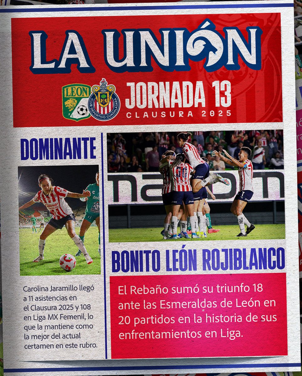 ChivasFemenil's tweet photo. 🫡 ¡LA PORTADA DEL MARTES! 📰

🚨 ¡Recién impreso! El #BonitoLeónRojiblanco estalló de emoción con una remontada tapatía liderada por La Comandante, @carojaramillo94 🎯 https://t.co/fTCXE7mACc