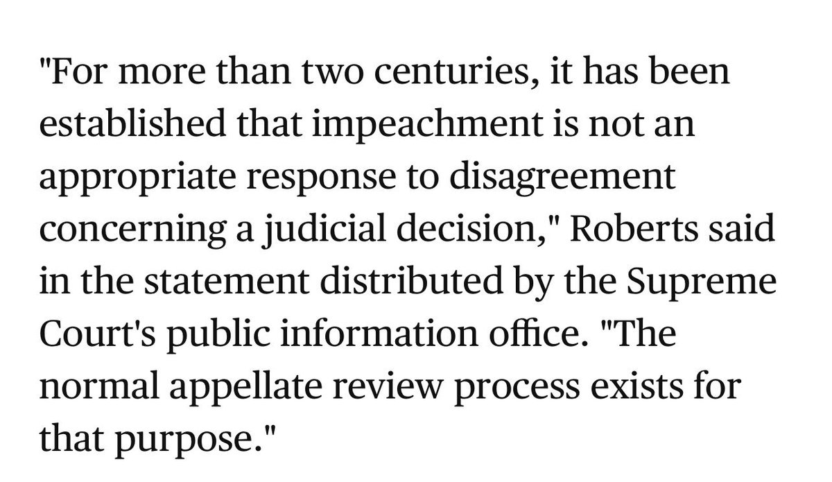 BarbMcQuade's tweet photo. Chief Justice John Roberts has issued a remarkable statement in response to Trump’s call for impeachment of the judge who ruled against him in Alien Enemy Act case. This is about law, not politics. https://t.co/FSRntlEQJA
