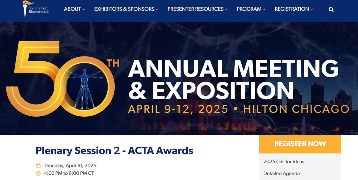 Acta Biomaterialia (@actabio) on Twitter photo Plan to attend! <a href="/ActaBio/">Acta Biomaterialia</a> Awardee Session <a href="/SFBiomaterials/">SFBiomaterials</a> 50th Annual Meeting THURSDAY APRIL 10, 4pm CT 👏🎉
Talks by the Gold & Silver Medalists: <a href="/ChristmanLab/">Christman Lab</a> and Fred Schoen, & the Mary Fortune Awardee <a href="/cosgriffhernan/">Elizabeth Cosgriff-Hernandez</a> & their guests <a href="/NatalieArtzi/">Natalie Artzi</a>
2025.biomaterials.org/program/sessio… Plan to attend! <a href="/ActaBio/">Acta Biomaterialia</a> Awardee Session <a href="/SFBiomaterials/">SFBiomaterials</a> 50th Annual Meeting THURSDAY APRIL 10, 4pm CT 👏🎉
Talks by the Gold & Silver Medalists: <a href="/ChristmanLab/">Christman Lab</a> and Fred Schoen, & the Mary Fortune Awardee <a href="/cosgriffhernan/">Elizabeth Cosgriff-Hernandez</a> & their guests <a href="/NatalieArtzi/">Natalie Artzi</a>
2025.biomaterials.org/program/sessio…
