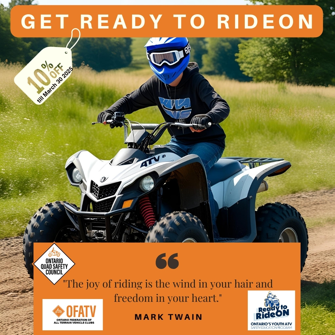 OFATV's tweet image. Get Ready to RideON! ATV season is coming, and young riders are eager to hit the trails! The OFATV Ready to RideON online training helps prepare them before hands-on lessons.
✅ Learn at home, at your pace
✅ Earn a certificate
🎉 10% off until March 30 with code MO1Y-B0Q7-0N5H