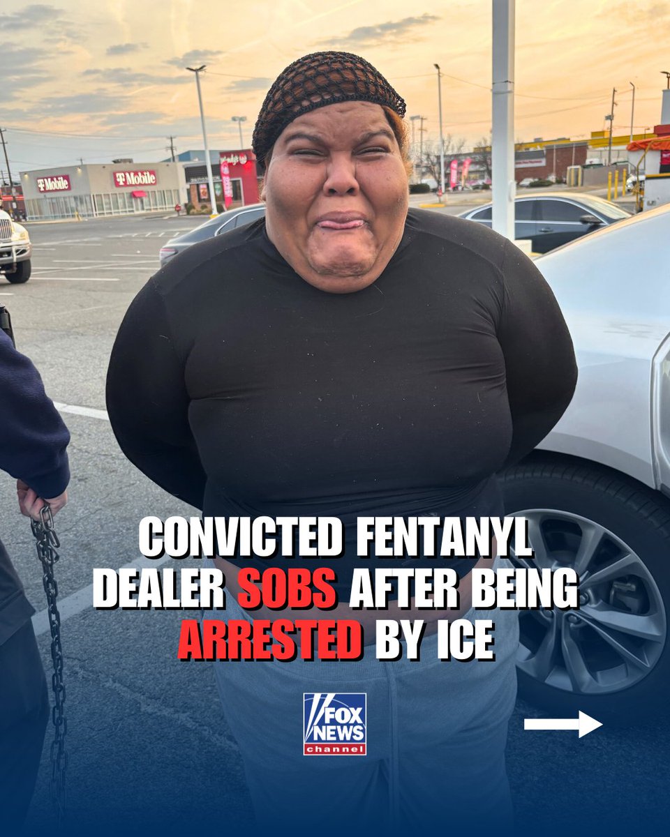 FoxNews's tweet photo. SAVE YOUR TEARS: An illegal immigrant who was previously deported and convicted for attempted possession with intent to distribute fentanyl and more was seen weeping after being nabbed by ICE. https://t.co/4vnefSlhI5