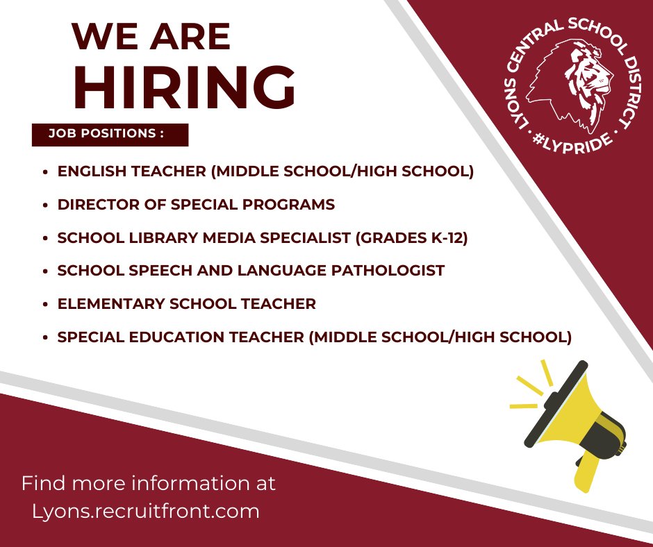 We’re Hiring at Lyons Central School District! Join our dedicated team and help make a difference in students’ lives.Learn more &amp; apply: lyons.recruitfront.com

#LYPride #LeadLikeALion #TheRoarContinues #LCSDFamily #LyonsCSD #NowHiring #JoinOurPride #EducationJobs