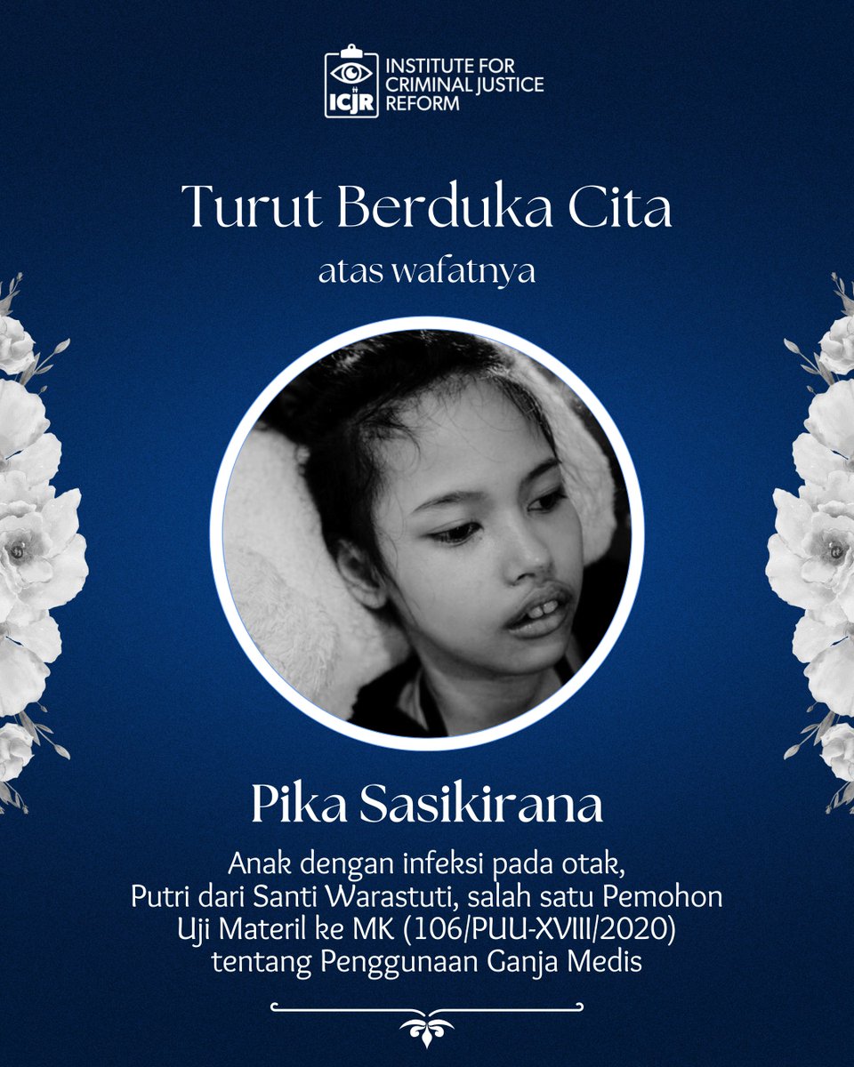 Kami dengan duka mendalam menyampaikan kabar bahwa Pika anak Ibu Santi, salah satu pemohon uji materil UU Narkotika terkait regulasi ganja medis telah meninggal dunia.

Kami memohon doa semua pihak serta meminta negara untuk melihat fakta bahwa banyak anak-anak berkebutuhan