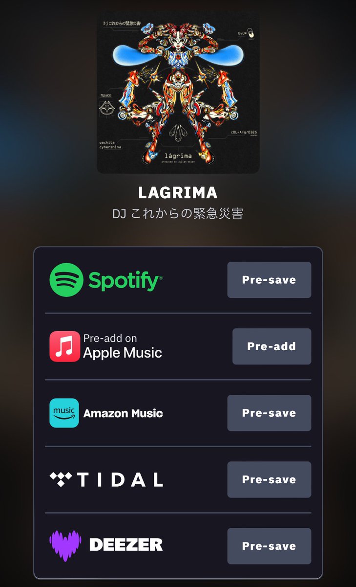 De Buenos Aires y leyenda del Electro 
DJ これからの緊急災害 también conocido como Wachita China trae LAGRIMA.

Con participaciones de AWA, Isablu y MAI.

este viernes en todas las plataformas ‼️

Presave : ada.lnk.to/LAGRIMA