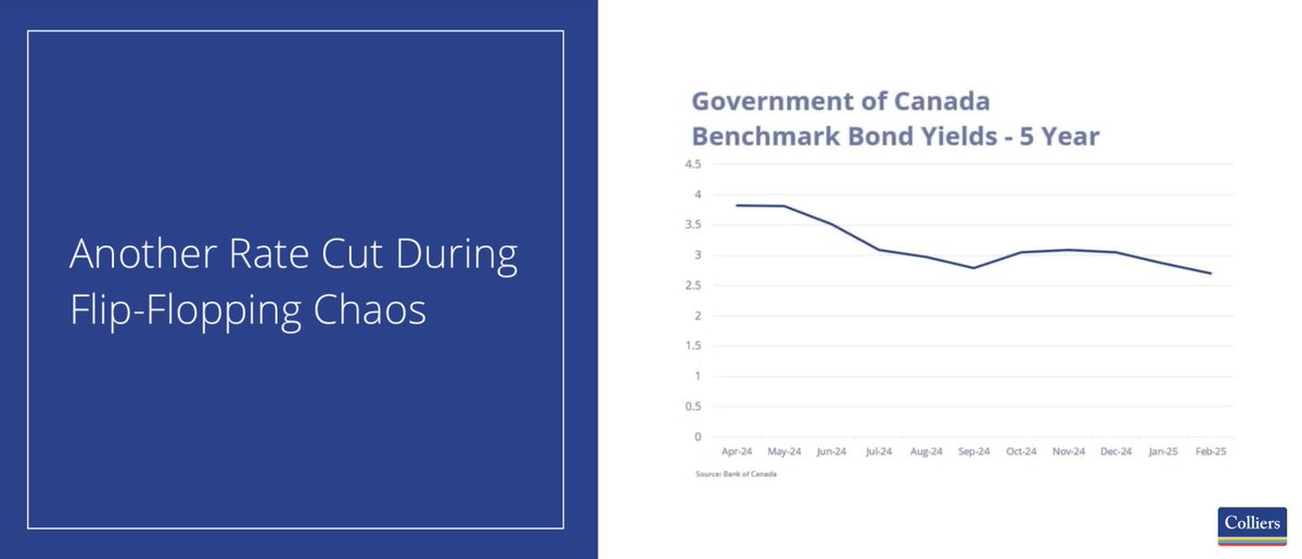 Canadian lenders set their mortgage rates based on the bond market, which has fallen sharply during the turmoil surrounding the tariffs.  One benefit is that it may get cheaper to borrow money, which will aid those looking to purchase or develop real estate. #CRE