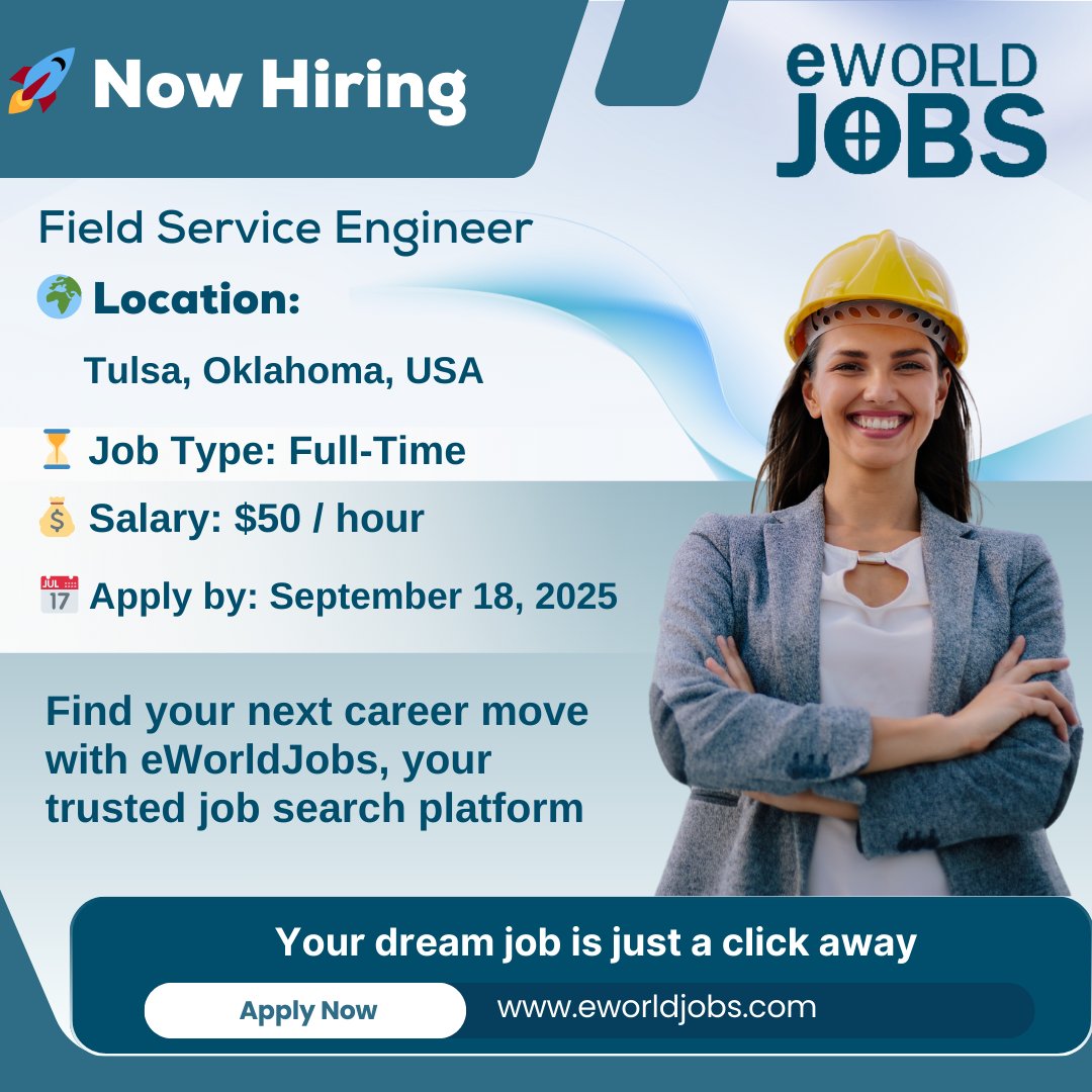 eWorldJobs's tweet photo. 🚀 Now Hiring | Explore Top Job Opportunities
🔹 Position: Field Service Engineer
📍 Location: Tulsa, Oklahoma, USA
🎯 Apply Now at https://t.co/NRwmtuPSiM

#NowHiring #FieldServiceEngineer #TulsaJobs #OklahomaCareers #JobSearch #eWorldJobs 🚀 https://t.co/bZ3gW632ZW