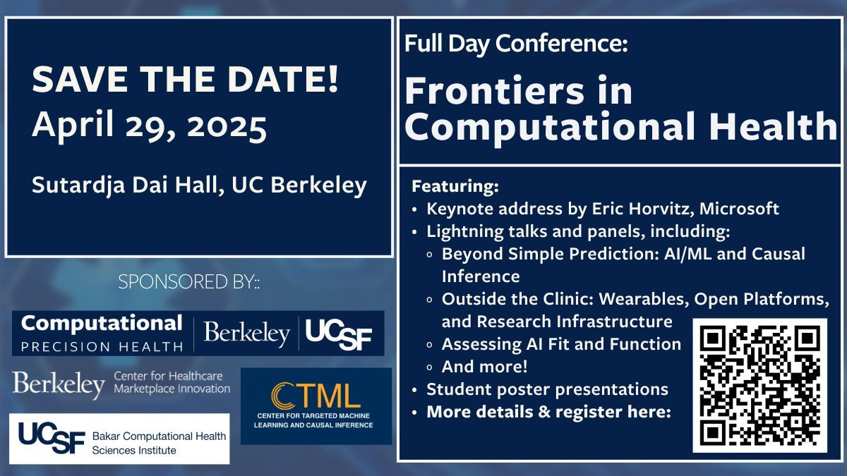 UC Joint Computational Precision Health Program (@ucjointcph) on Twitter photo Join researchers, behavioral economists, clinicians, industry representatives and others for Frontiers in Computational Precision Health. Hosted by @ucjointcph, CHMI, @berkeleyctml, and <a href="/UCSF_BCHSI/">UCSF Bakar Computational Health Sciences Institute</a>. More information in the link in our bio! buff.ly/zwbQxsA Join researchers, behavioral economists, clinicians, industry representatives and others for Frontiers in Computational Precision Health. Hosted by @ucjointcph, CHMI, @berkeleyctml, and <a href="/UCSF_BCHSI/">UCSF Bakar Computational Health Sciences Institute</a>. More information in the link in our bio! buff.ly/zwbQxsA