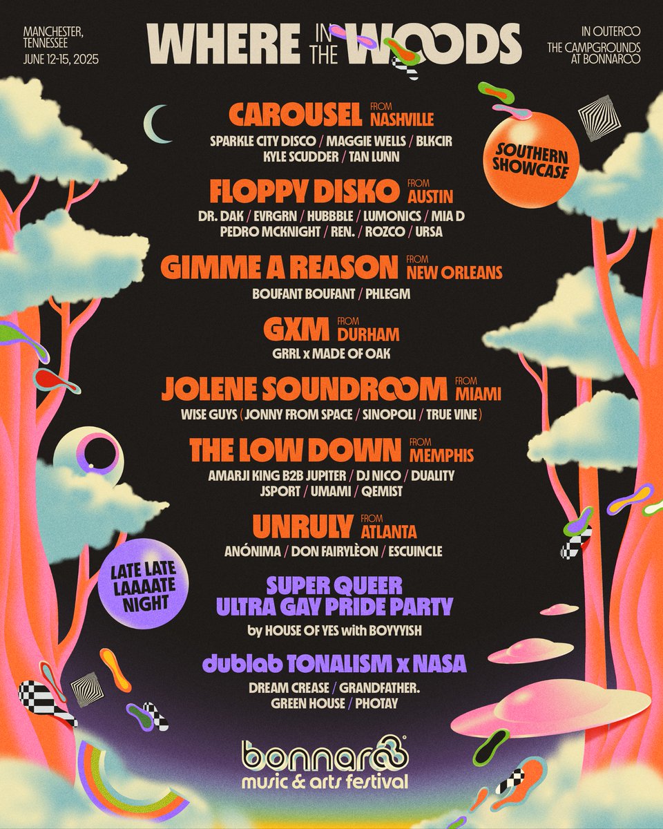 Bonnaroo's tweet photo. welcome to where in the woods 🌳✨

lose yourself in the magic of the music tucked between the trees, featuring late night takeovers and the spiciest up &amp; coming DJ collectives in the south 😎 https://t.co/hSeNacvMAO