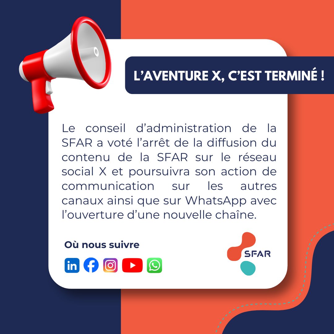 SFAR Anesthésie Réanimation (@sfar_org) on Twitter photo Le CA a voté, X c'est terminé👋
Retrouvez nous sur nos autres réseaux ⤵️
LinkedIn ➡️ linkedin.com/company/sfar/
Instagram ➡️ instagram.com/sfar_insta/
Facebook ➡️ facebook.com/SFARanesthesie…
YouTube ➡️ youtube.com/channel/UCt6WB…
WhatsApp ➡️ whatsapp.com/channel/0029Vb…
<a href="/SFARJeunes/">SFAR Jeunes</a> <a href="/AJARFrance/">AJAR France 🇫🇷</a> Le CA a voté, X c'est terminé👋
Retrouvez nous sur nos autres réseaux ⤵️
LinkedIn ➡️ linkedin.com/company/sfar/
Instagram ➡️ instagram.com/sfar_insta/
Facebook ➡️ facebook.com/SFARanesthesie…
YouTube ➡️ youtube.com/channel/UCt6WB…
WhatsApp ➡️ whatsapp.com/channel/0029Vb…
<a href="/SFARJeunes/">SFAR Jeunes</a> <a href="/AJARFrance/">AJAR France 🇫🇷</a>
