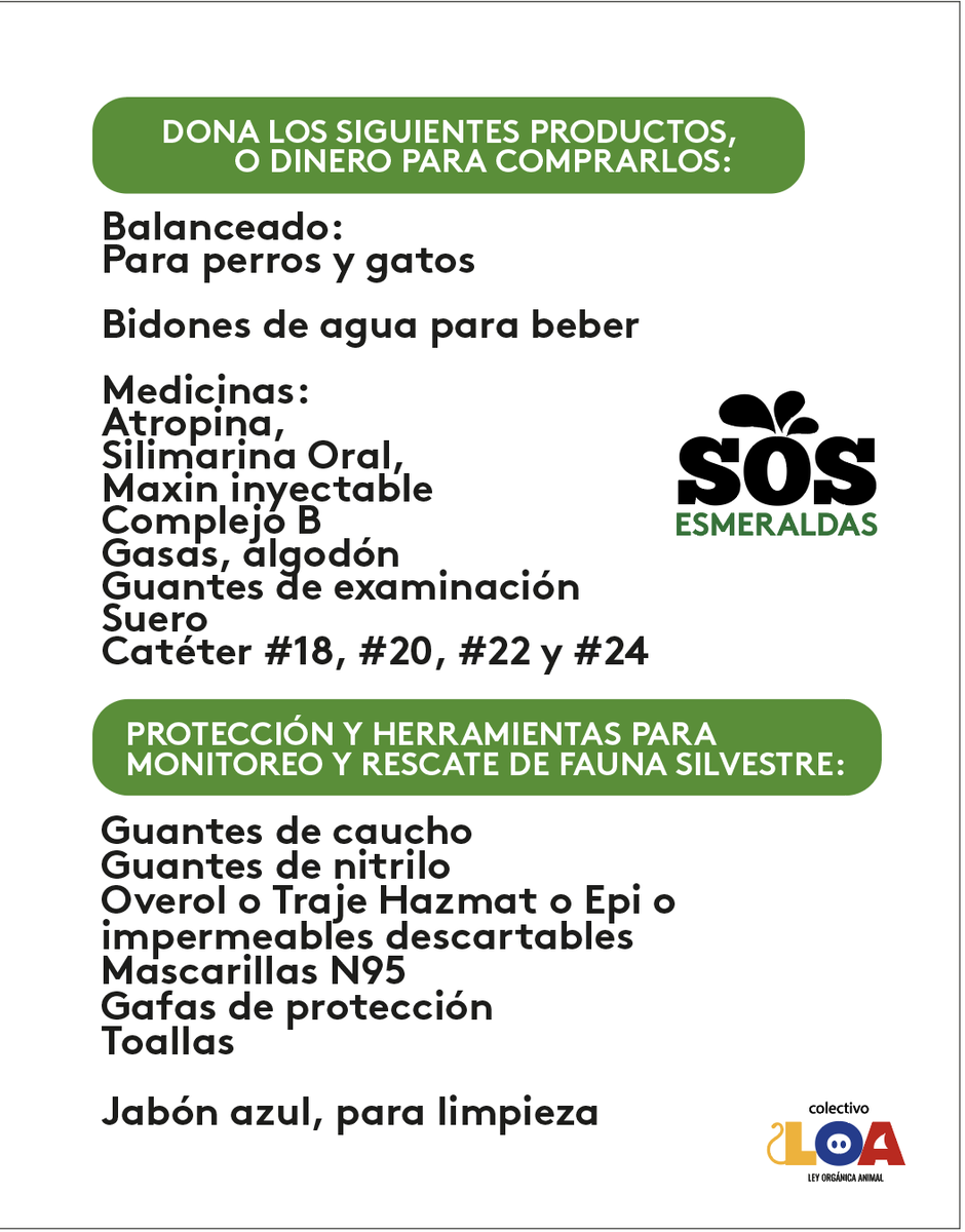 RescateAnimalEC's tweet photo. URGENTE
Ante la emergencia ambiental en Esmeraldas, el colectivo @LoaEcuador  y sus organizaciones, se activan para ayudar a los animales urbanos y silvestres, quienes siempre son excluidos de los planes de gestión de riesgos.
Dona insumos o dinero para adquirirlos.
#SOSEsmeraldas 🚨🚨

Estaremos activando nuevos puntos en otras ciudades.
Los productos de protección se consiguen donde se venden insumos de seguridad industrial, o pueden depositar en efectivo y compraremos 

Esmeraldas es Ecuador!
