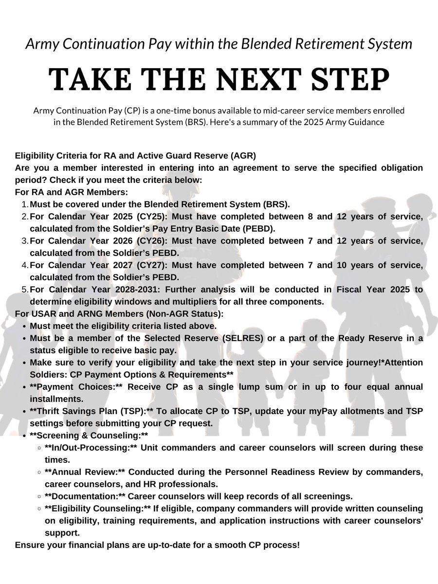 armyretention's tweet image. Did you know? If you&apos;re serving under the Blended Retirement System (BRS) and have between 8 to 12 years of service, you&apos;re eligible for Continuation Pay! 

Talk to your chain of command or visit the Army Benefits website to learn more about this incredible opportunity.