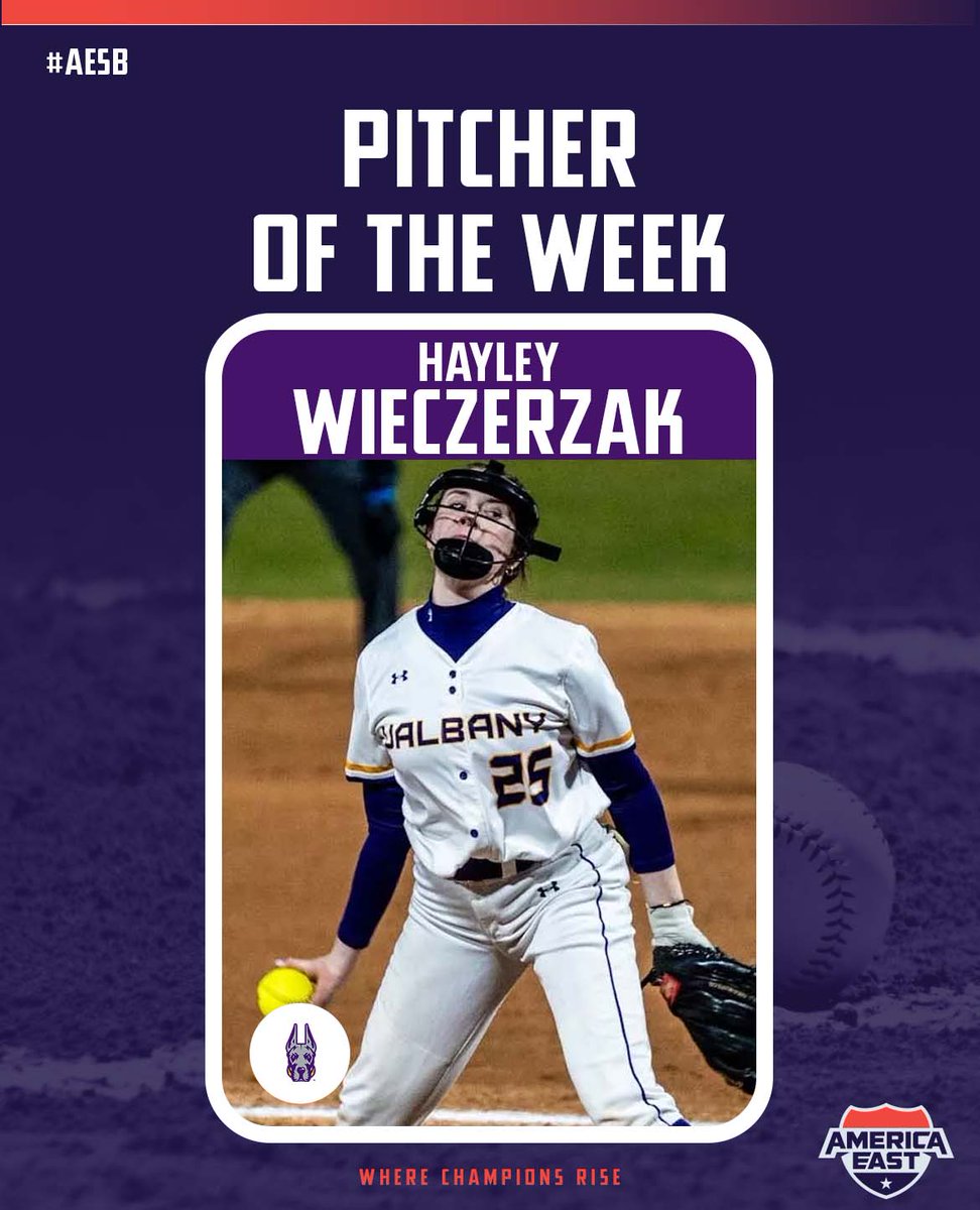 AmericaEast's tweet photo. A successful weekend for America East softball programs as all teams who competed were able to pick up multiple wins.

Player of the Week: Taylor Quinn, @UAlbanySB 
- Slashed .400/.438/.667 in a 3-1 week for UAlbany.
- Went 6-15 at the plate, including four RBI and five runs.

Pitcher of the Week: Hayley Wieczerzak, @UAlbanySB
- Recorded a 1.40 ERA over 10 IP with 20 strikeouts.
- Threw a one-hit shutout in a 6-inning win over Mount St. Mary’s with 15 strikeouts and just one walk.

Rookie of the Week: Ava Beal, @UAlbanySB
- Had a .800 OPS with six hits in 15 at-bats, plus three RBI and two runs scored.

📰 https://t.co/vXur5m0WKh