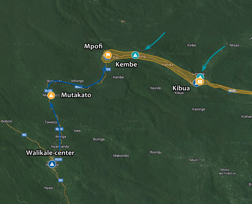 Intelynx's tweet photo. 🇨🇩 #DRC | On the #Walikale front, fighting continues. #FARDC reinforcements managed to push the #M23 back to #Mpofi, while #Wazalendo forces coming from #Pinga are seemingly attempting to capture #Kibua and #Kembe on the RP529 road. https://t.co/5oteebxXbD