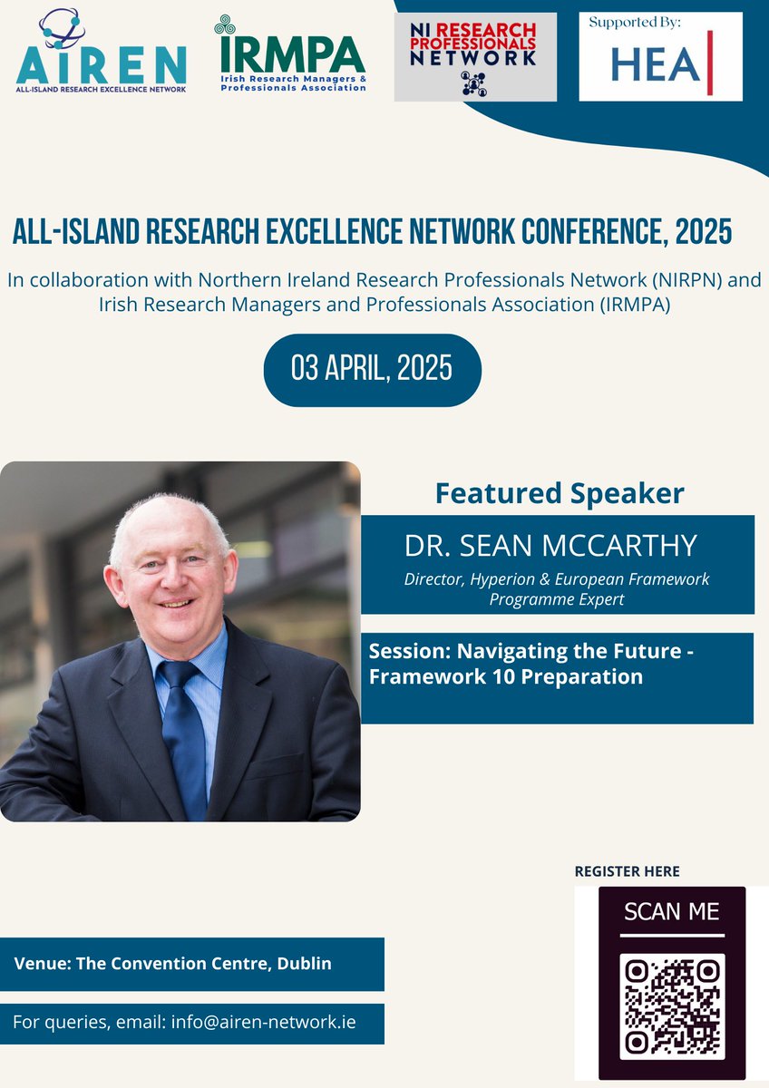 AirenNetwork's tweet image. Join us at AIREN Conference, April 3rd at The Convention Centre Dublin!

Featured speaker: Dr. Sean McCarthy on Framework 10 Preparation. Register now!

#AIREN2025 #EuropeanResearch