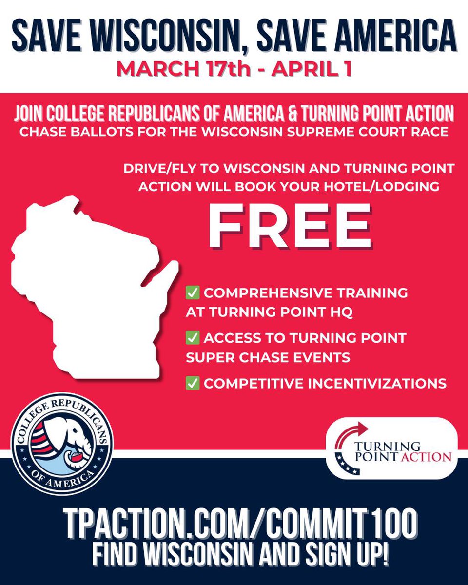 College Republicans of America (@uscollegegop) on Twitter photo Join us and <a href="/TPAction_/">Turning Point Action</a> over the next two weeks to help chase ballots in Wisconsin! All hands on deck!! #Commit100 Join us and <a href="/TPAction_/">Turning Point Action</a> over the next two weeks to help chase ballots in Wisconsin! All hands on deck!! #Commit100