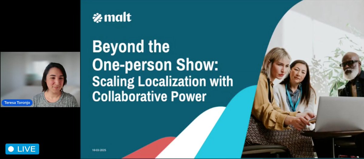 slatornews's tweet image. And now at #SlatorCon Remote, Malt’s Teresa Toronjo presents Beyond the One-Person Show: Scaling Localization with Collaborative Power 🚀
🔹 The rise of lean in-house #localization teams
🔹 Leveraging #LSPs, freelancers &amp;amp; #tech for scalability
🔹 Balancing efficiency &amp;amp; long-term…