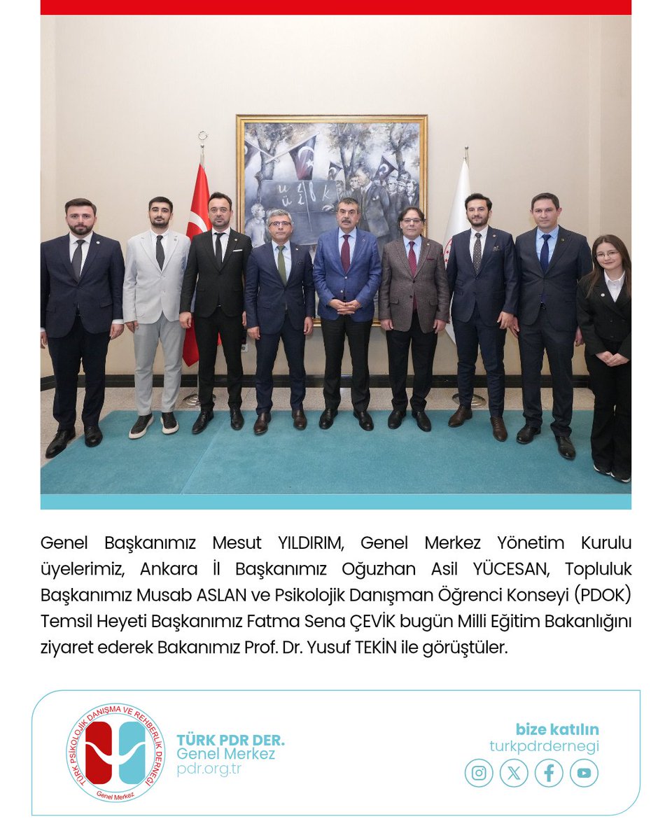 Milli Eğitim Bakanımız Sn. Prof. Dr. Yusuf TEKİN Ziyareti

Genel Başkanımız Mesut YILDIRIM, Genel Merkez Yönetim Kurulu üyelerimiz, Ankara İl Başkanımız Oğuzhan Asil YÜCESAN, Topluluk Başkanımız Musab ASLAN ve Psikolojik Danışman Öğrenci Konseyi (PDOK) Temsil Heyeti Başkanımız