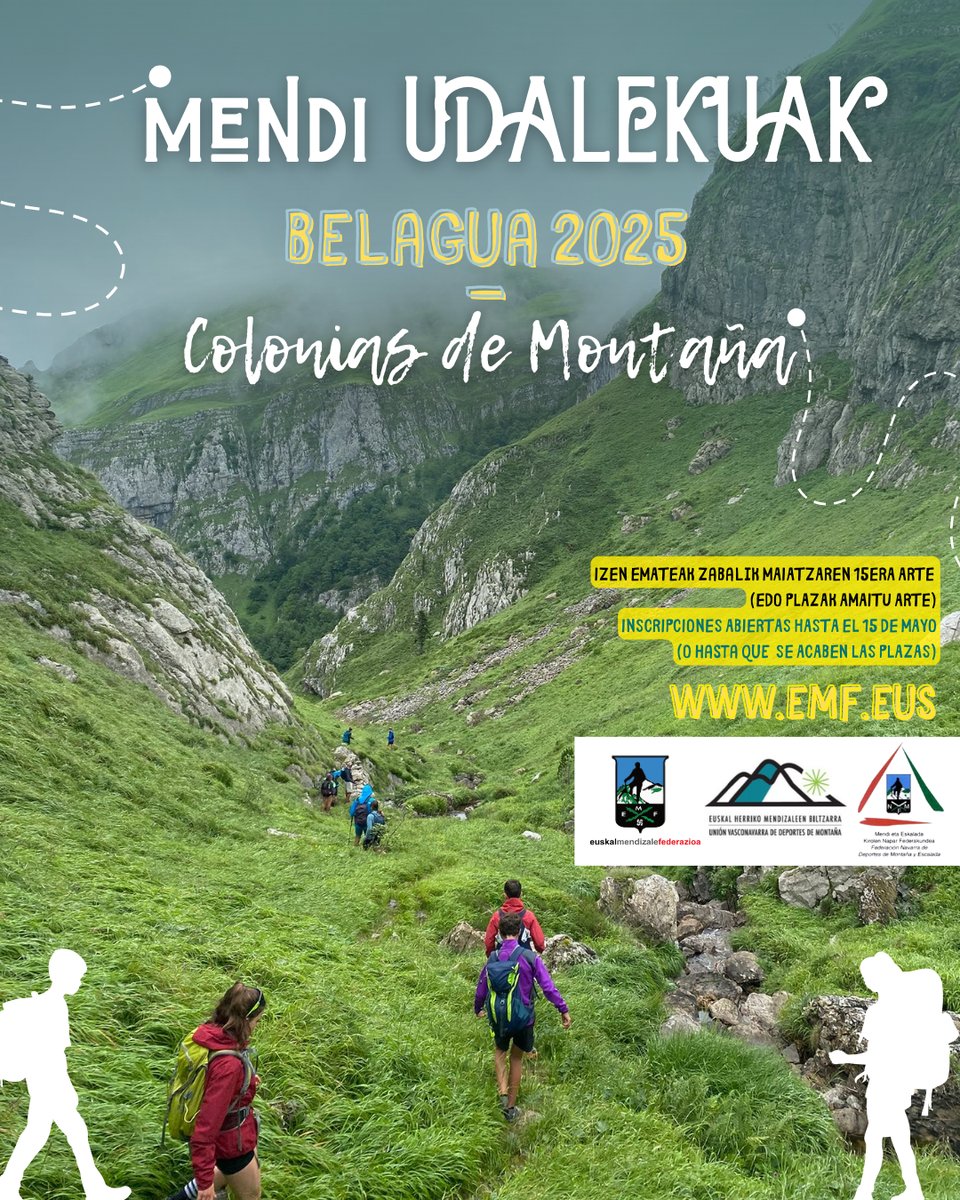 🏔️👦🏻🎒 Aurten ere Mendi Udalekuak izango ditugu non eta Belaguan, noski. Maiatzaren 15era arte duzue izena-emateko (edo plazak bukatu arte). Guztira 22 izango dira, 11 lehen astearako eta beste 11 bigarrenerako

ℹ️ Informazio gehiago: emf.eus

🫱🏾‍🫲🏼 <a href="/MENDINAVARRA/">FED. NAVARRA MONTAÑA</a>