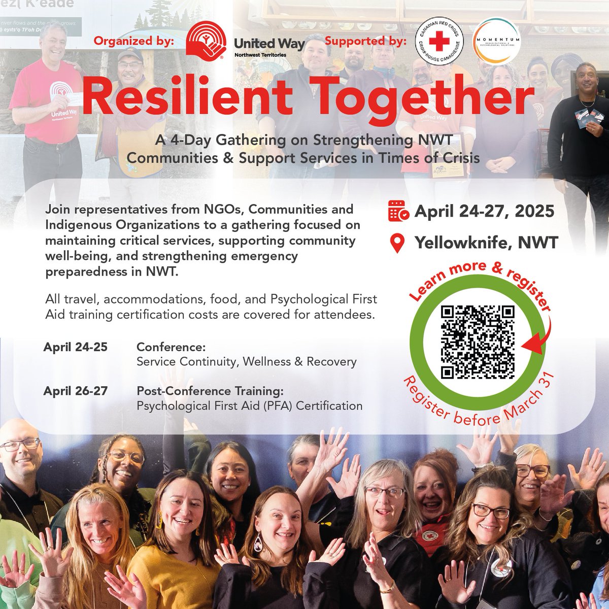 📣 Calling all NWT NGOs, Communities &amp; Indigenous organizations! 🌟

Join us April 24-27 in Yellowknife for Resilient Together – a 4-day event on service continuity, wellness &amp; Psychological First Aid (PFA) training.

⏳ Learn more &amp; Register by March 31

nwt.unitedway.ca/funding-progra…