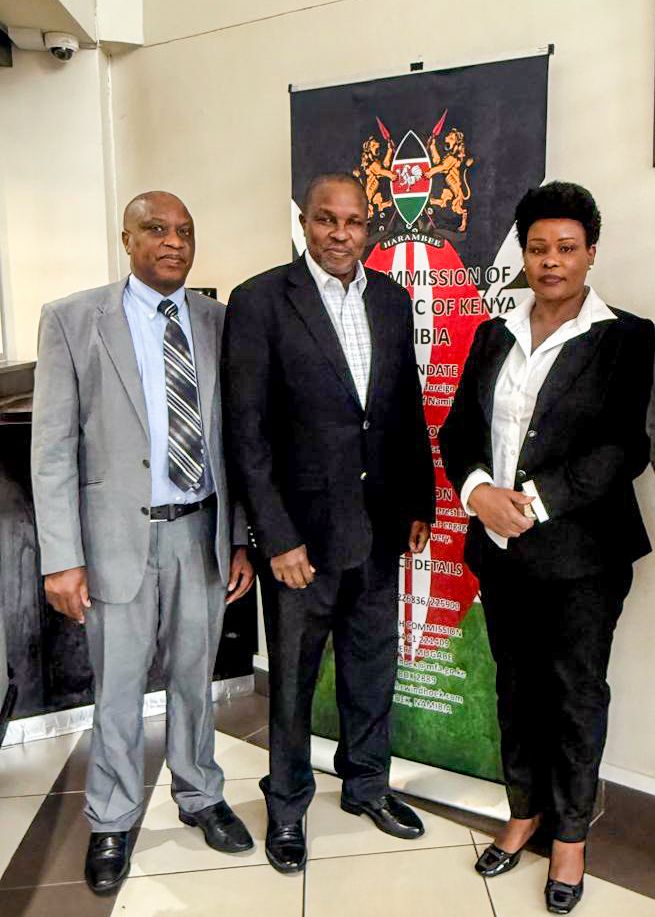 The Director General of Immigration, <a href="/EvelynCheluget/">Evelyn Cheluget, OGW, ndc(K)</a>, paid a courtesy call on H.E. Michael Sialai, Kenya’s High Commissioner to Namibia, during her official visit to Windhoek, Namibia. The meeting prioritized enhancing consular services to better assist the Kenya Diaspora