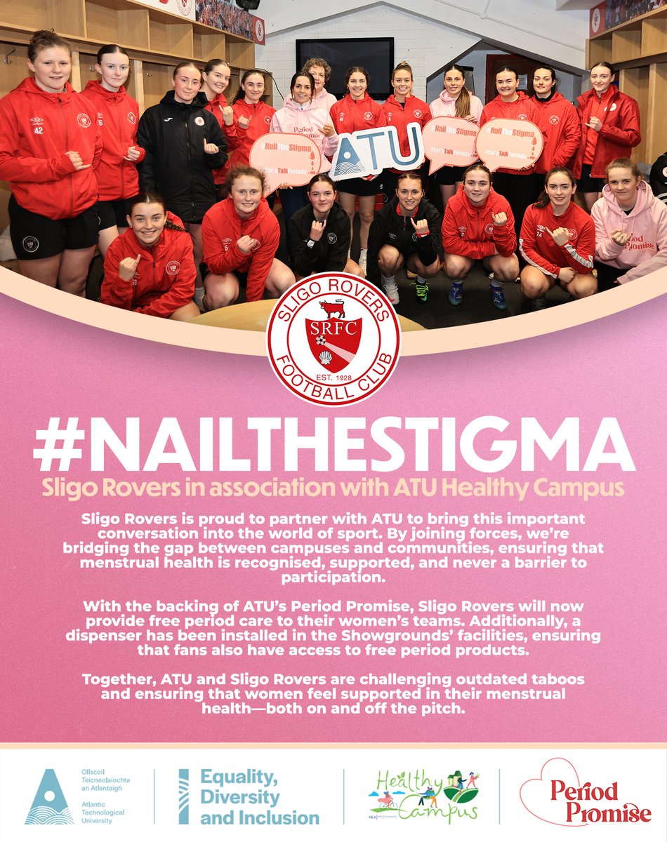 SligoRvsWomen's tweet photo. Periods Don’t Stop Sport – So Why Should Stigma?

#NailTheStigma is a campaign dedicated to breaking the stigma around periods, promoting open conversations, and encouraging period positivity.

Spearheaded by ATU Public Health and Health Promotion students—Esther Odumosu, Chloe Carleton, and Aine Brennan—the campaign invites individuals to paint a nail pink as a visible show of support for period equity.

We are proud to partner with ATU Sligo to bring this conversation into the world of sport. Together, we’re bridging the gap between campuses and communities, ensuring that menstrual health is recognised, supported, and never a barrier to participation.

With the backing of ATU’s Period Promise, Sligo Rovers will now provide free period care to their women’s teams. Additionally, a dispenser has been installed in the Showgrounds’ facilities, ensuring that fans also have access to free period products.

Together, we are challenging outdated taboos and ensuring that women feel supported in their menstrual health—both on and off the pitch!

#Bitored | #NailTheStigma