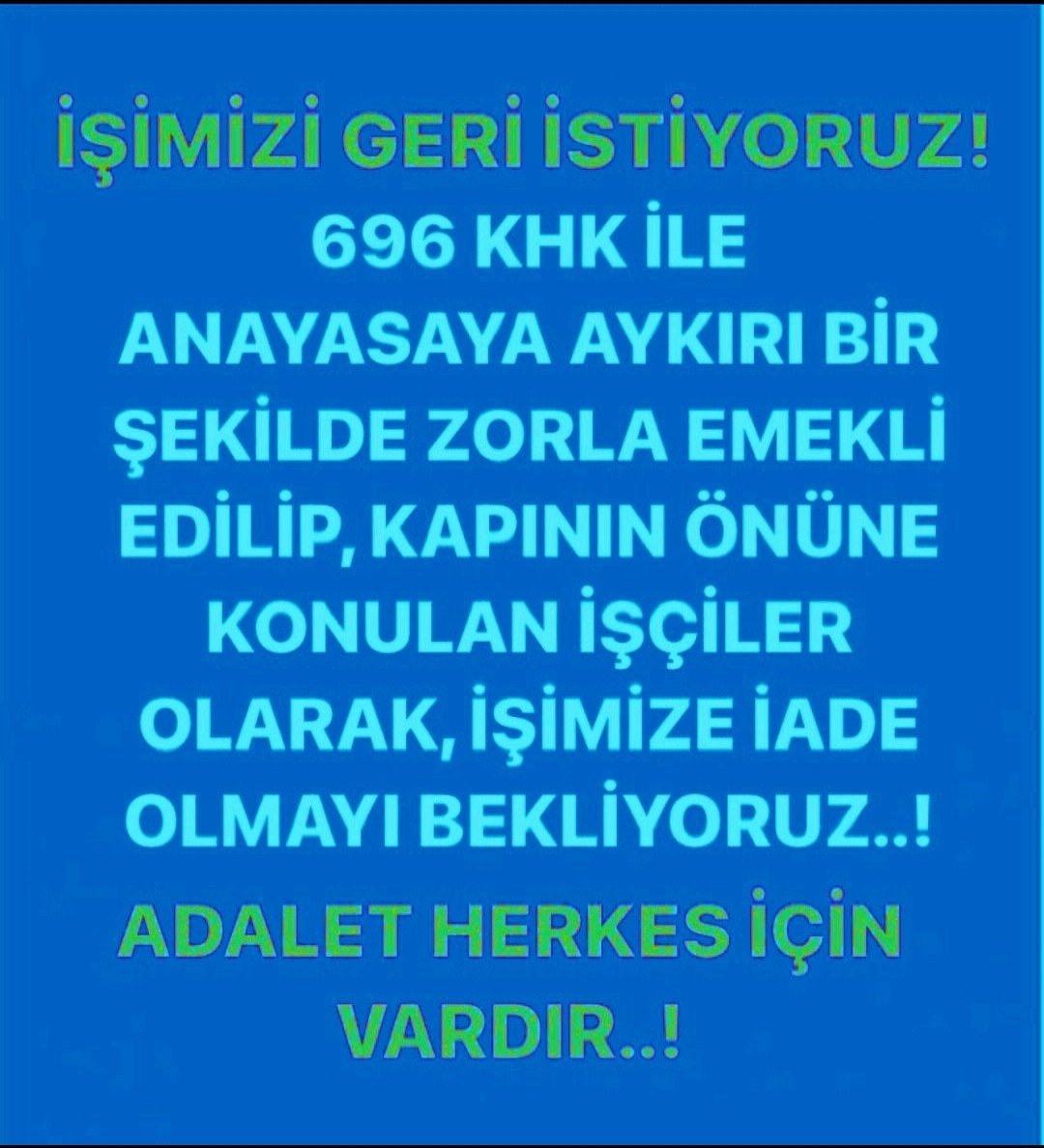 Aynı şartlarla 696 KHK ile kadroya alınan işçilerin binlercesini, #ZorunluEmekli ederek yok saymak,

Binlercesine bu yasayı kaldırıp 60 yaşında İşe devam etme hakkı vermek ADİL DEĞİL.

Lütfen bu yanlışı düzelterek İŞE İADEMİZİ SAĞLAYIN.

<a href="/RTErdogan/">Recep Tayyip Erdoğan</a>
<a href="/isikhanvedat/">Prof. Dr. Vedat Işıkhan</a>
<a href="/csgbakanligi/">T.C. Çalışma ve Sosyal Güvenlik Bakanlığı</a>