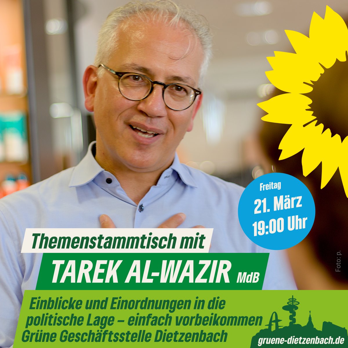GrueneDtzb's tweet photo. Themenstammtisch mit Tarek Al-Wazir @talwazir 

Die politische Lage ist spannend wie nie: Unser Bundestagsabgeordneter #TarekAlWazir kommt zum Themenstammtisch nach #Dietzenbach. Er berichtet über Hintergründe und gibt Einblicke über seine ersten Wochen in #Berlin.
1/3 https://t.co/9YK579hnai