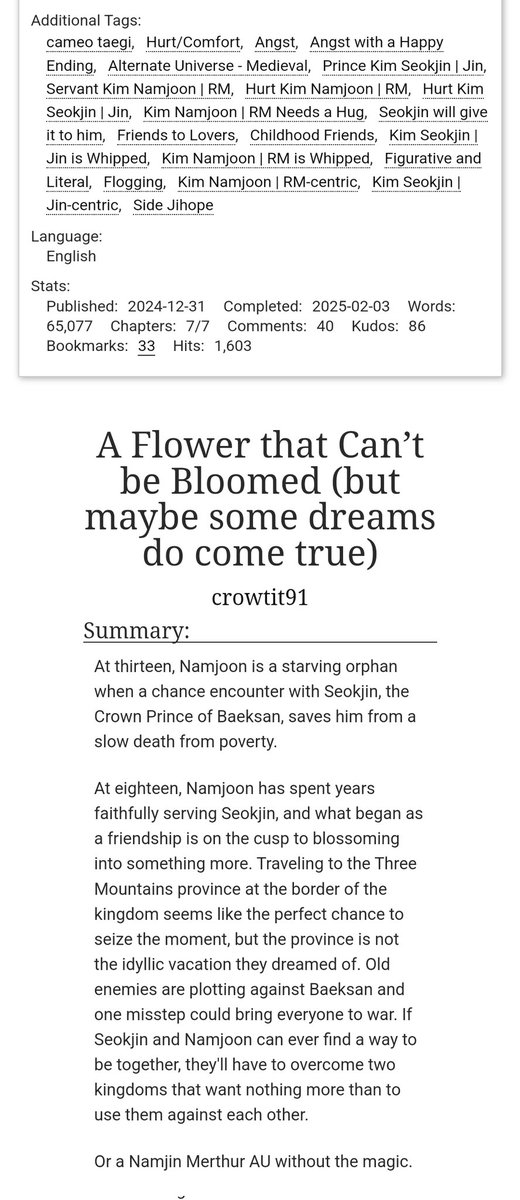 RecsNamjin's tweet photo. ✨️ A Flower That Can't be Bloomed | 65k words
✨️ Medieval times au; Angst; Happy ending; Friends to Lovers
✨️ Every scene in here was written in such detail it's hard to not imagine the scenery and fall in love with how their love bloomed
✨️ https://t.co/BSKnwVRrdd https://t.co/H1dkgdX96j