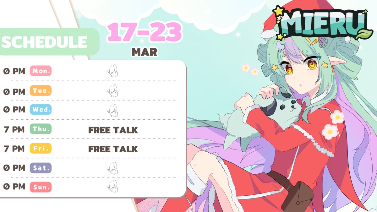 Mieru_vt's tweet photo. =͟͟͞♡ Schedule 17-23 Mar 2025⭐️
જ⁀➴
🎨Fa #MIERU_R_ART
🎭meme #MIERU_R_MEME
📰ข่าวสาร #MIERU_R_NEW
🔴Live #MIERU_R_LIVE
📖general #MIERU_R_FOREST
#Vtuber #VtuberTH #วีทูปเบอร์ https://t.co/QswqPYgVqr