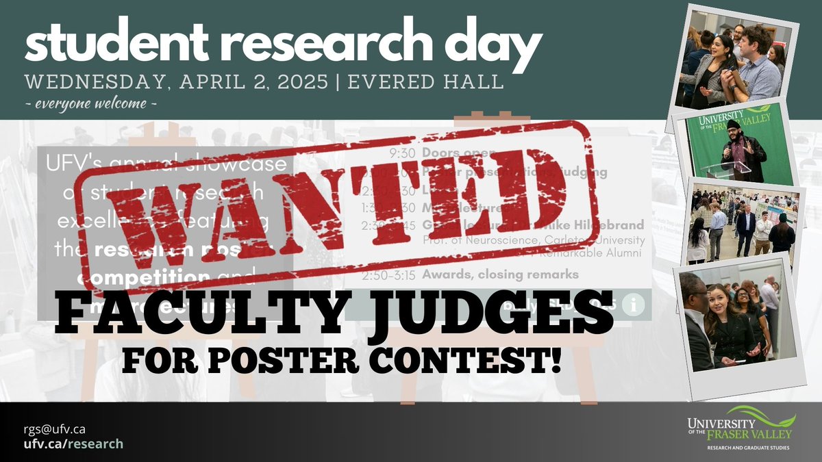 📷CALLING ALL FACULTY - JUDGES NEEDED!
The line-up is complete! Over 90 students will showcase their research on April 2. Faculty, please sign up to volunteer as a judge for the poster competition between 10am-1pm. 💚

ufv.ca/research/stude…

<a href="/goUFV/">U of Fraser Valley</a> <a href="/UFV_President/">Dr. Joanne MacLean</a> <a href="/UFVscience/">UFVscience</a>