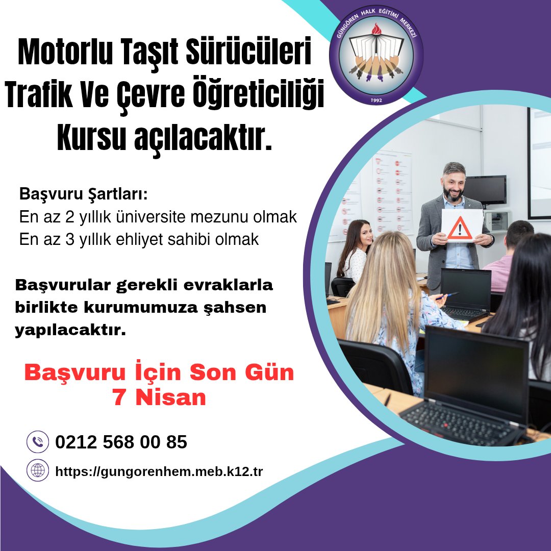 Motorlu Taşıt Sürücüleri Trafik Ve Çevre Öğreticiliği Kursu açılacaktır.

Başvuru Şartları:
En az 2 yıllık üniversite mezunu olmak
En az 3 yıllık ehliyet sahibi olmak

Başvurular gerekli evraklarla birlikte kurumumuza şahsen yapılacaktır.

Başvuru İçin Son Gün: 7 Nisan