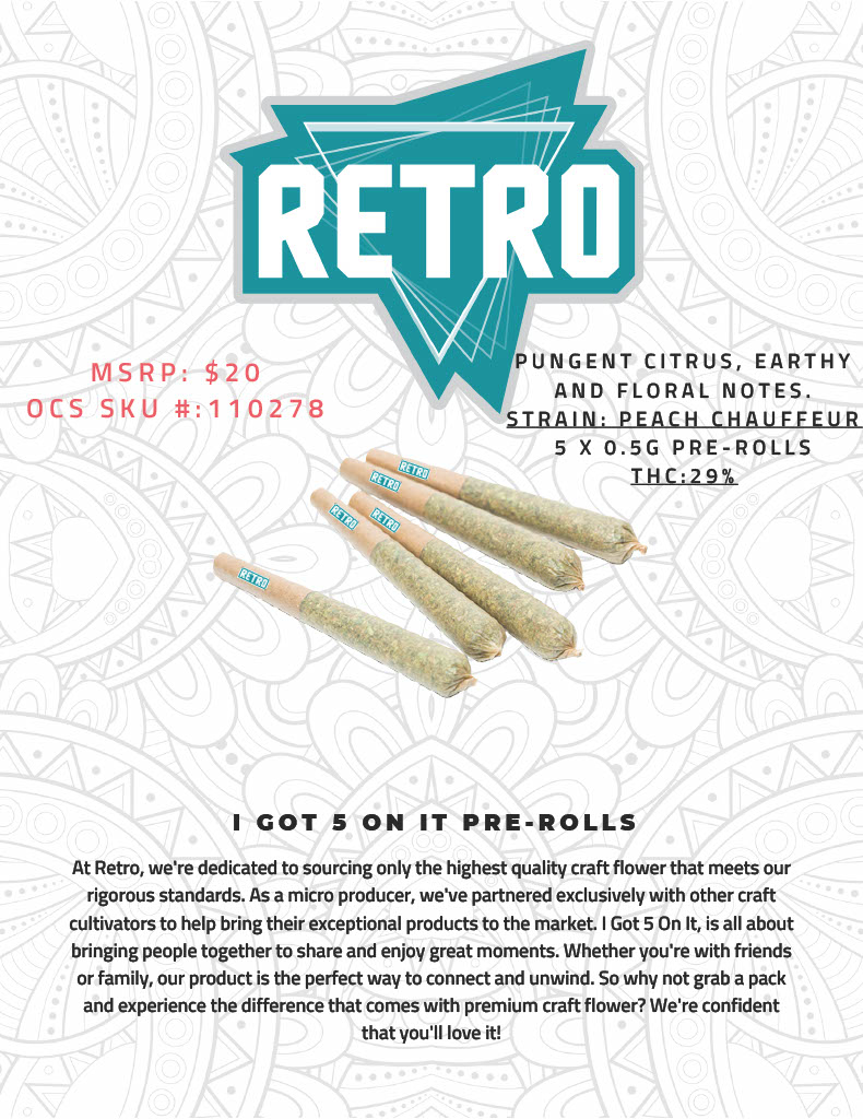 New from Retro Cannabis
5 pack of prerolls-29% THC
Available through the #OCS now!
#cannabis #canadiancannabis #ontariocannabisstore #canadian #ontario #weed