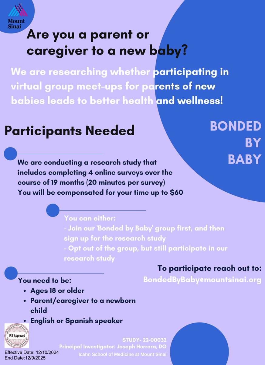 We are conducting a study with four 20-minute surveys over 19 months. You may be eligible if you speak either English or Spanish, are 18 years or older, and 0-9 months postpartum. You will be compensated with up to $60. Please reach out to bondedbybaby@mountsinai.org for more!