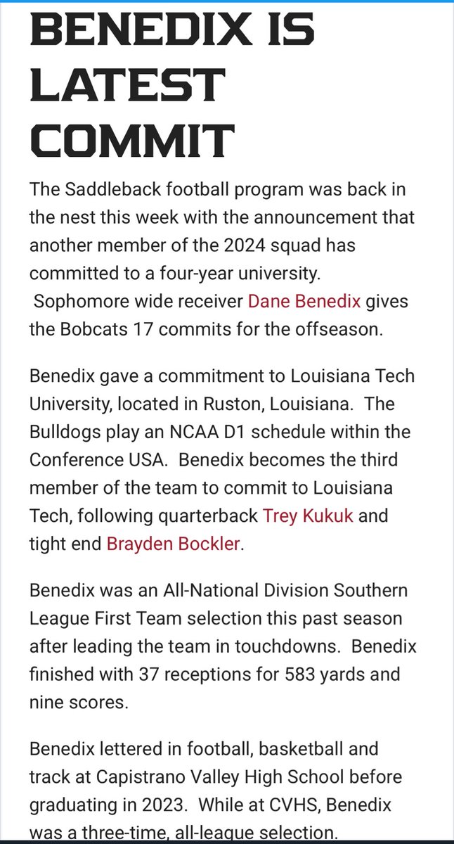 Capo Valley Football (@capofootball) on Twitter photo We got ourselves another COLLEGE COUGAR! Congratulations to <a href="/danebenedix/">Danebenedix</a> on his commitment to <a href="/LATechFB/">LA Tech Football 🏈</a>! Before he became a 2 year starter for <a href="/Saddleback_FB/">Saddleback College Football</a>, the Class of 2023 WR was All state, All county, All South Coast league and holds multiple school records.
#WeAreCV 🐯🌴 We got ourselves another COLLEGE COUGAR! Congratulations to <a href="/danebenedix/">Danebenedix</a> on his commitment to <a href="/LATechFB/">LA Tech Football 🏈</a>! Before he became a 2 year starter for <a href="/Saddleback_FB/">Saddleback College Football</a>, the Class of 2023 WR was All state, All county, All South Coast league and holds multiple school records.
#WeAreCV 🐯🌴