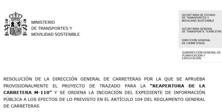 La constancia suele dar frutos... un paso más para la reapertura de la M110.  Una conexión directa con la A1 desde el Puente de la Concordia, en ambos sentidos. #Valdebebas