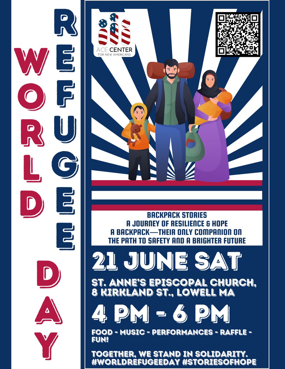 AceAmericans's tweet photo. 🌍 Join us in celebrating World Refugee Day on June 21, 2025, from 4:00 PM to 6:00 PM! 🎉

Scan the QR code or visit https://t.co/yor22cYdQW to learn more. Let’s stand together in support of refugees and their incredible journeys! ��✨ #WorldRefugeeDay #WRD2025 #StoriesOfHope https://t.co/gO9rlYkjYI