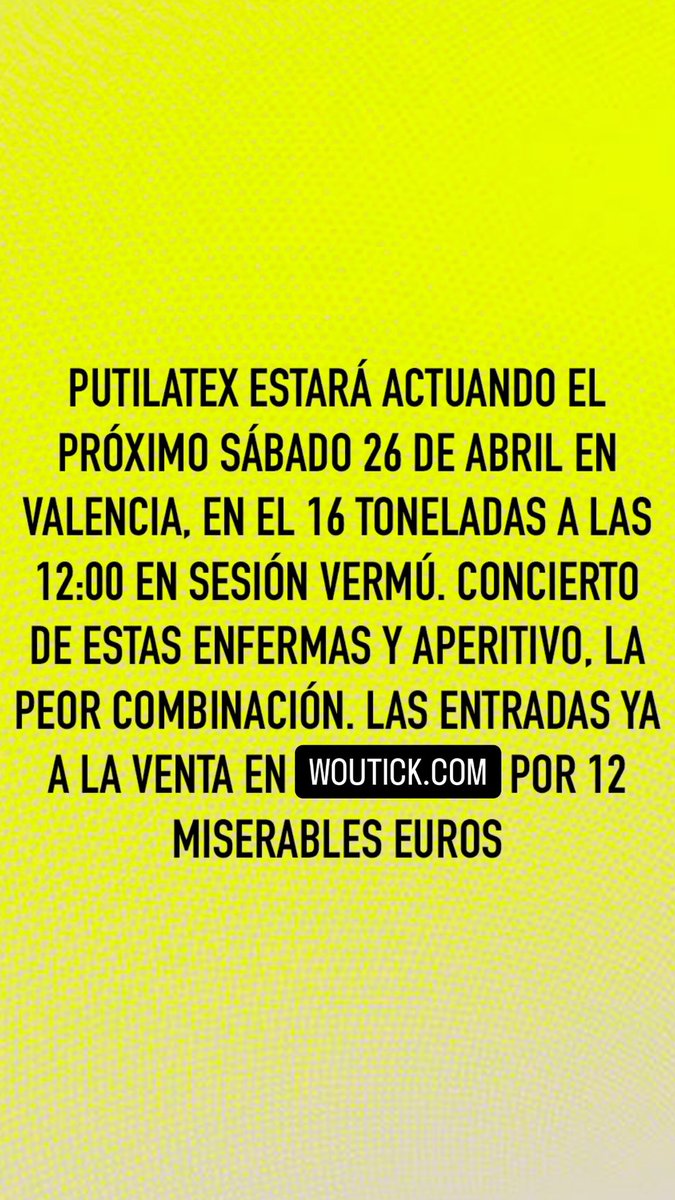 VALENCIA!!
El próximo 26 de Abril estaremos tocando en sesión Vermú en el <a href="/16_Toneladas/">16 Toneladas</a> 
Entradas a 12€: woutick.com/es/entradas/pu…