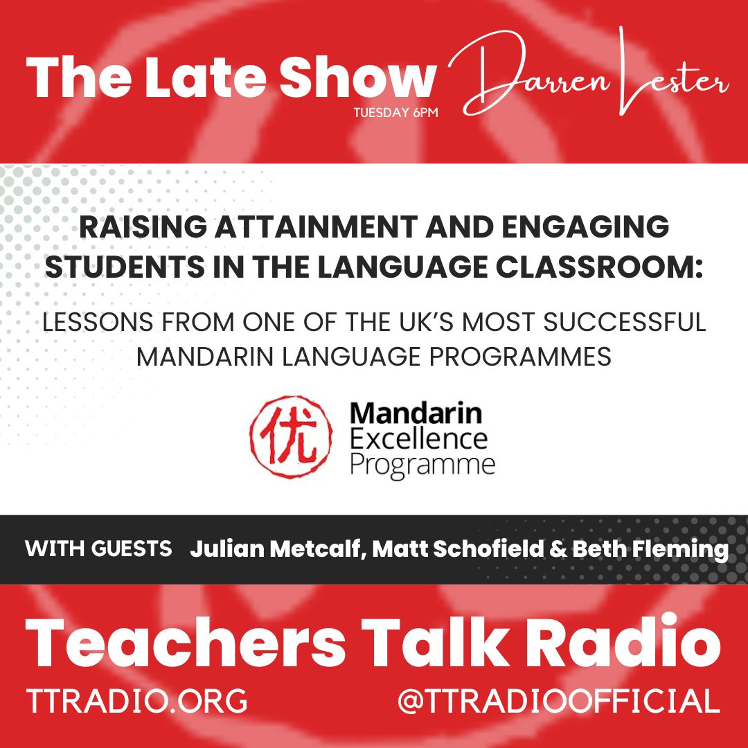 Teachers Talk Radio (@ttradioofficial) on Twitter photo 30 minutes until the Twilight Show with <a href="/MrDLester/">Mr D. Lester</a> on YouTube!
Darren is joined by guests Julian, Matt and Beth to discuss the successful Mandarin Language Programmes.
Watch live using the link below 👇
zurl.co/vx096
Live Education Conversation.
#TTRadio 30 minutes until the Twilight Show with <a href="/MrDLester/">Mr D. Lester</a> on YouTube!
Darren is joined by guests Julian, Matt and Beth to discuss the successful Mandarin Language Programmes.
Watch live using the link below 👇
zurl.co/vx096
Live Education Conversation.
#TTRadio