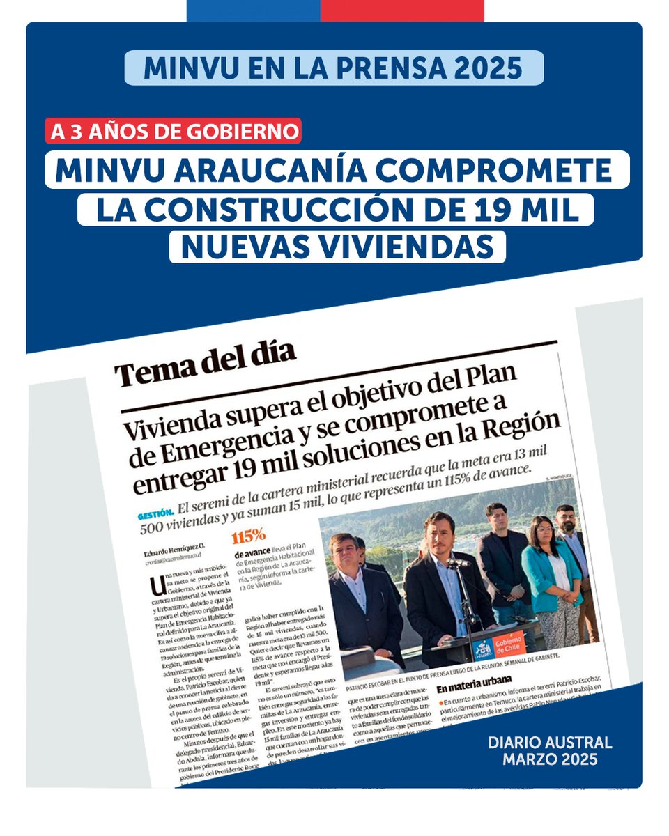 📰🗞️[Minvu en la prensa]
A tres años de Gobierno y ya cumplida la meta regional del #PlanEmergenciaHabitacional, el ministerio de vivienda y urbanismo (MINVU), se ha comprometido a entregar 19 mil nuevas viviendas a marzo del 2026.

#Temuco #Araucanía