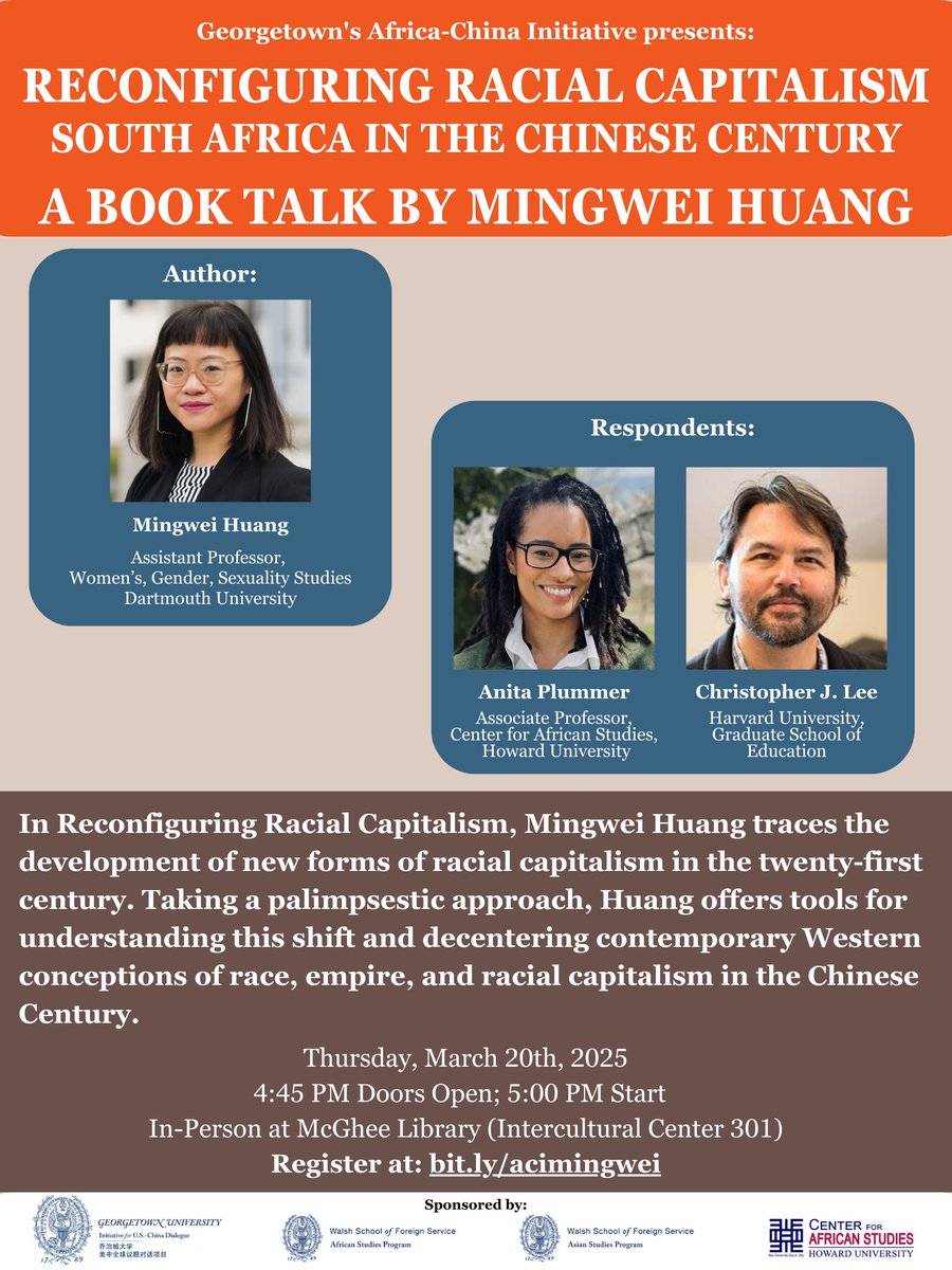 Georgetown Initiative for US-China Dialogue (@uschinagu) on Twitter photo *In person book talk* This Thursday, join Mingwei Huang for a discussion on her recent book with Anita Plummer and Christoper J. Lee!
RSVP 🔗👉 bit.ly/acimingwei
<a href="/HoyaAfrica/">GU African Studies</a> <a href="/HUCenterAfrica/">HU Center for African Studies</a> *In person book talk* This Thursday, join Mingwei Huang for a discussion on her recent book with Anita Plummer and Christoper J. Lee!
RSVP 🔗👉 bit.ly/acimingwei
<a href="/HoyaAfrica/">GU African Studies</a> <a href="/HUCenterAfrica/">HU Center for African Studies</a>