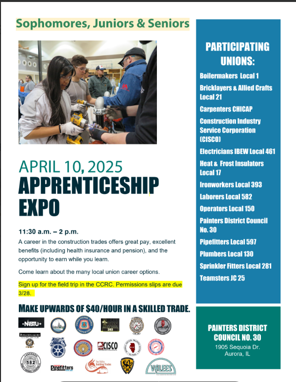 Do you like working with your hands? Are you mechanically inclined? 
If you answered “yes” to these questions, an apprenticeship may lead to a rewarding, WELL-PAYING career. Find out more by attending the APPRENTICESHIP EXPO April 10th. Stop by the CCRC for a permission slip.