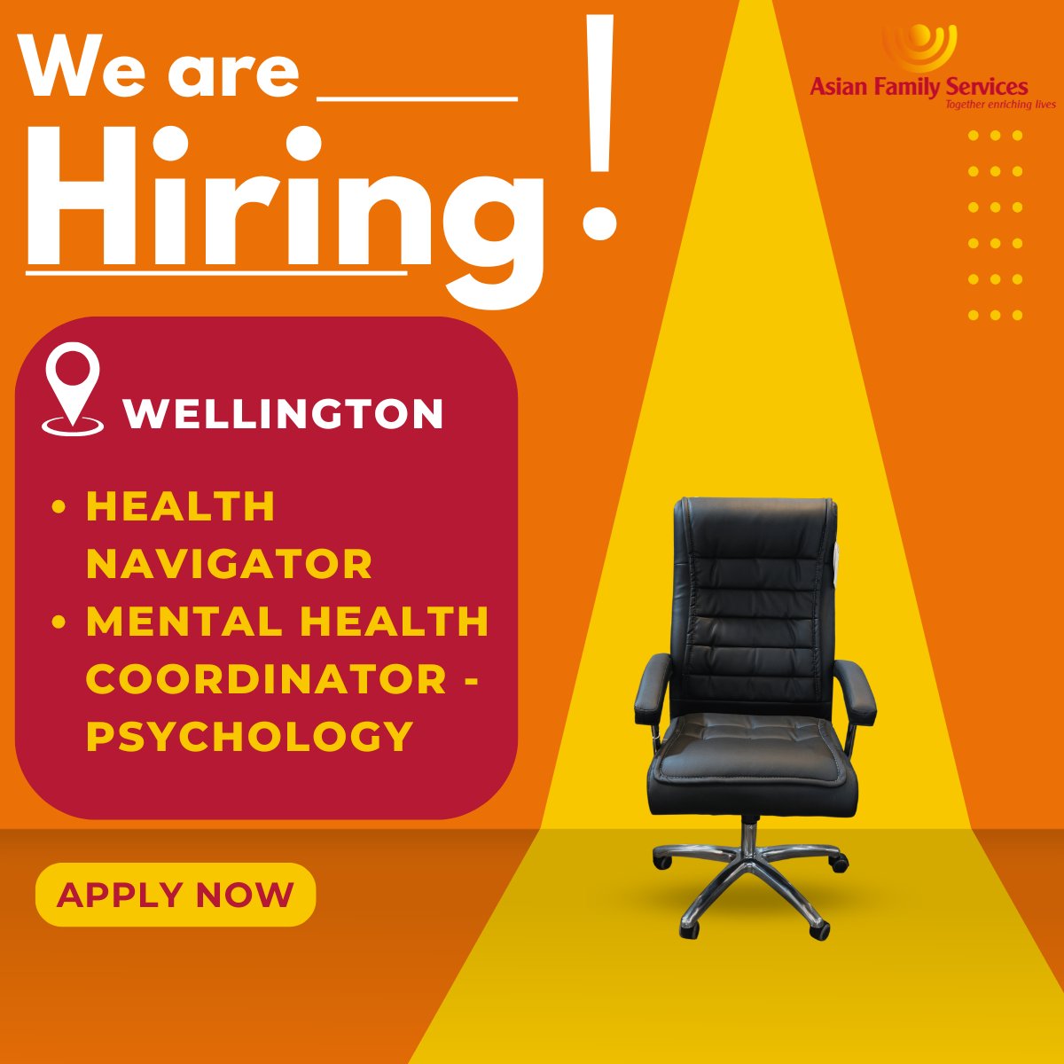 Join Our Team at Asian Family Services! New regional service in Wellington.
📍 Location: Wellington
 📌 Apply now:
 🔗 Health Navigator - Community Mental Health Workers seek.co.nz/job/82845563?r…
 🔗 Mental Health Coordinator - Psychology seek.co.nz/job/82845566?r…