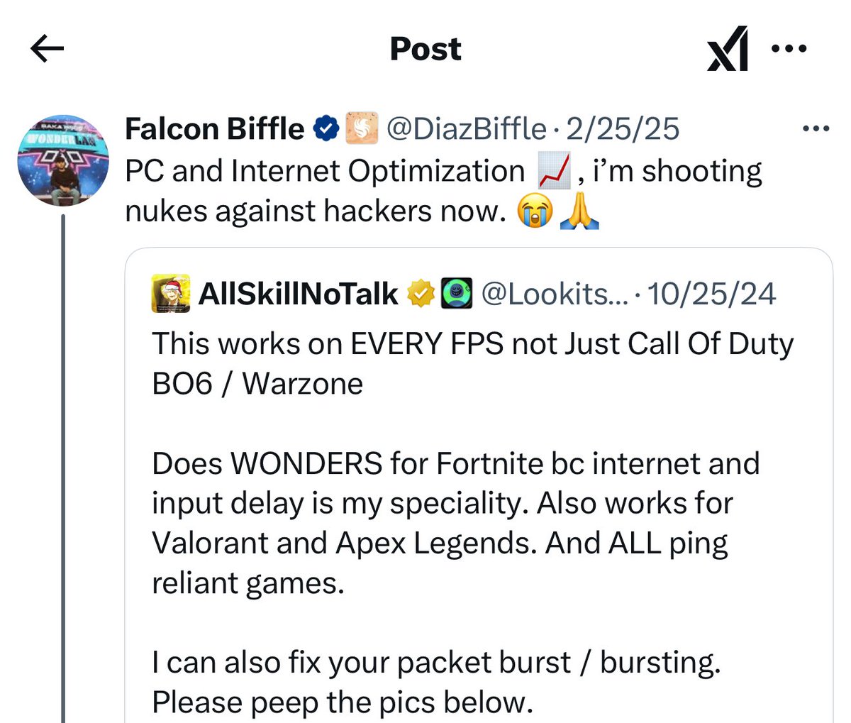 RonnieInteL's tweet image. I never vouch for anyone, but I’ve never been disappointed by allskill and when I ask pro’s who’s legit everyone always says only trust allskill. He&apos;s helped me out plenty of times 

If you need a PC or internet Opti only go to him.