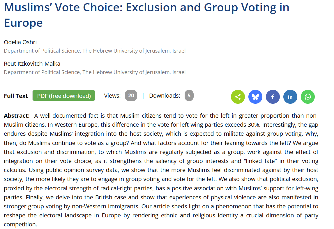 Odelia Oshri (@oshriodelia) on Twitter photo Now in <a href="/CogitatioPaG/">Politics and Governance</a>: How do experiences of social and political exclusion shape Muslims' voting choices? cogitatiopress.com/politicsandgov… Now in <a href="/CogitatioPaG/">Politics and Governance</a>: How do experiences of social and political exclusion shape Muslims' voting choices? cogitatiopress.com/politicsandgov…