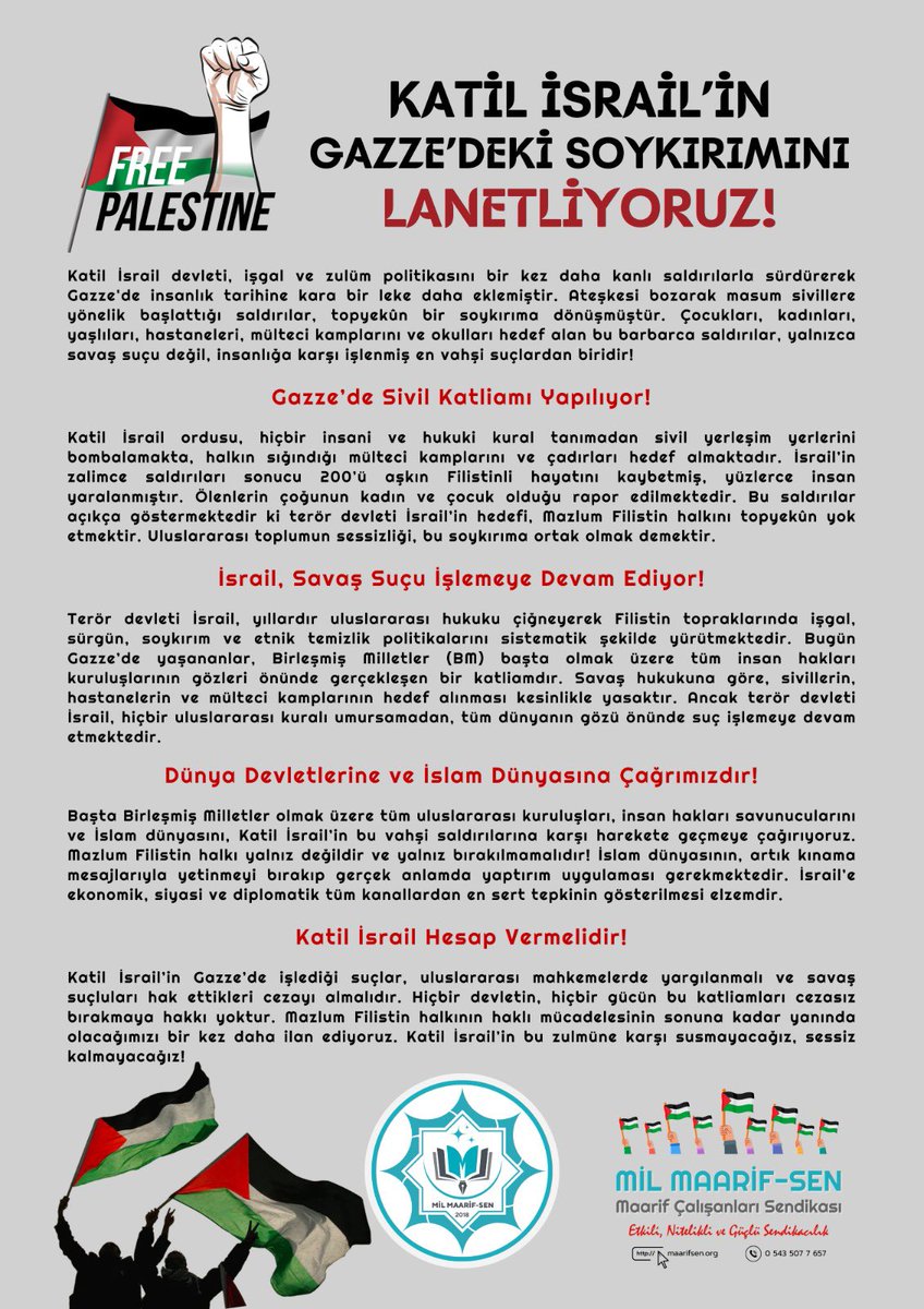 KATİL İSRAİL, GAZZE'DE İNSANLIK SUÇU İŞLİYOR!

Çocukları, kadınları, hastaneleri hedef alarak masum sivilleri katleden katil İsrail’in zalim saldırıları durdurulmalıdır. Uluslararası toplum sessiz kalmamalı, mazlum #Filistin halkının yanında durmalıdır!
#Gazze #MaarifSen #MilSen